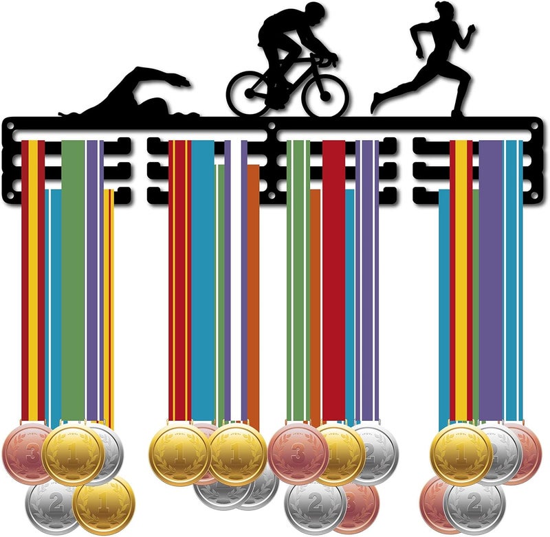 CREATCABIN Triathlon Medal Hanger Display Sports Medal Holder Iron Swim Bike Run Competition Wall Hanging Rack Frame Hook Display for Runner Swimmer Athlete Gift Over 60+ Medals 15.7 x 5.9 Inch - Image 1
